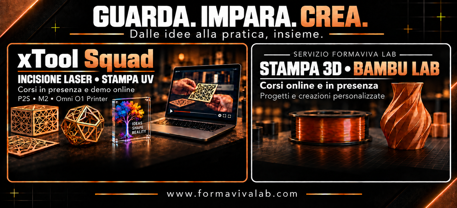Formazione e servizi FormaViva Lab per incisione laser, stampa UV e stampa 3D